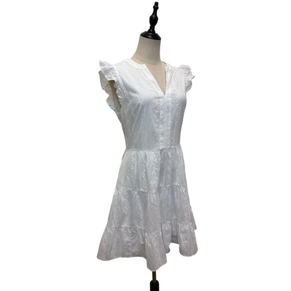 Laundry Shelli Segal White Eyelet Dress Sz 10 Tired Flutter Sleeve Graduation - Picture 2 of 7